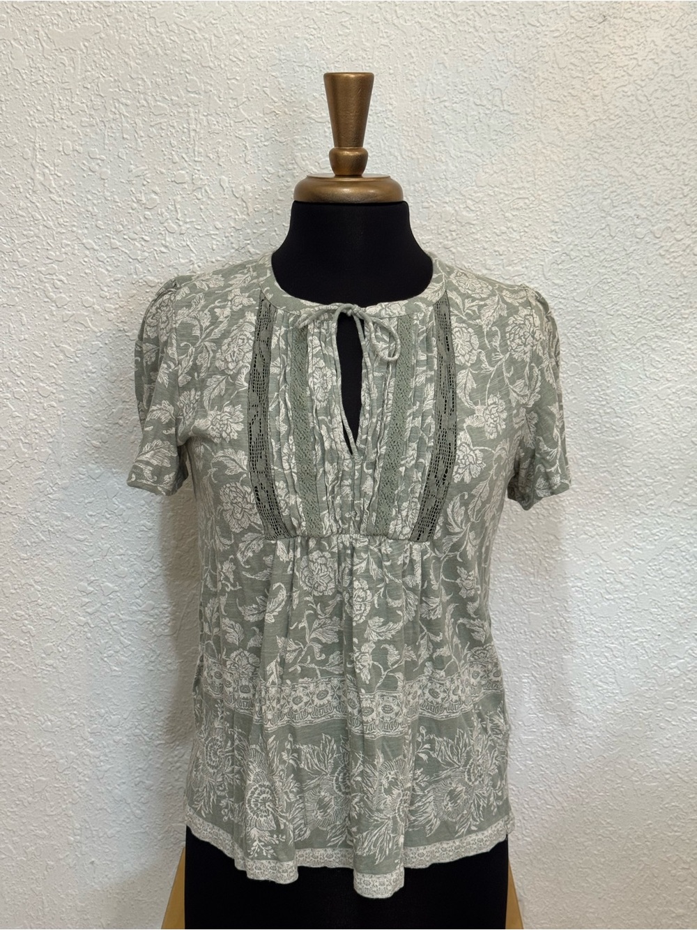 Lucky Brand Sage Green Floral Lace-Trim Peasant Blouse